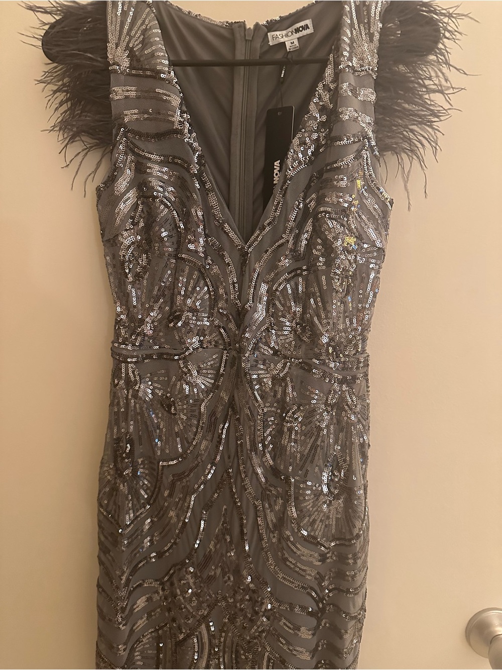 Fashion Nova Gray Beaded Sequin Dress with Feather Trim